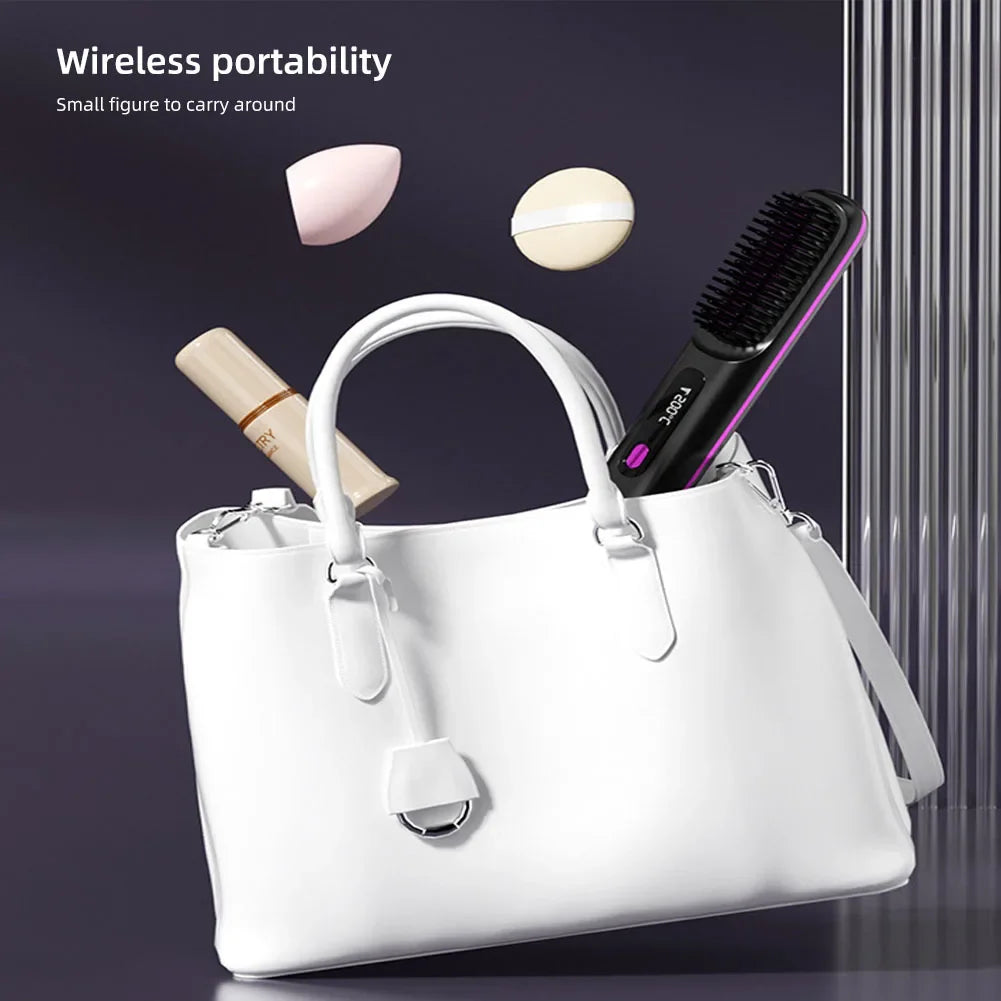 Cordless USB Rechargeable Hair Straightener Brush - Negative Ion Hot Styling & Detangling Comb for Fluffy Curls