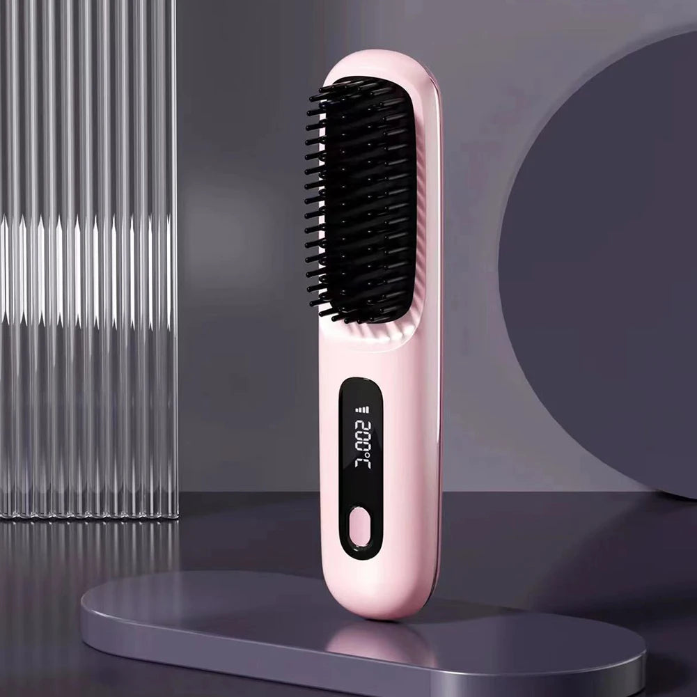 Cordless USB Rechargeable Hair Straightener Brush - Negative Ion Hot Styling & Detangling Comb for Fluffy Curls
