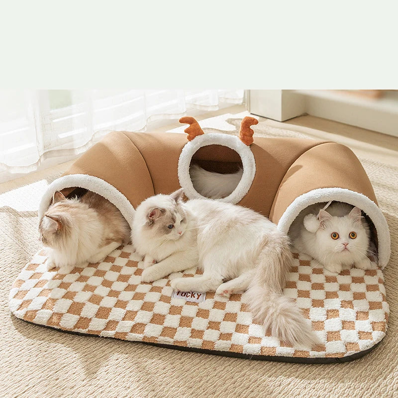Cozy Reindeer Plush Cat Bed & Tunnel - Perfect Indoor Play & Sleep Nest for Your Feline Friend!