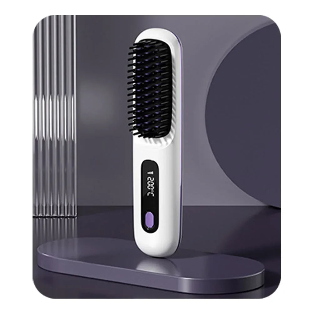 Cordless USB Rechargeable Hair Straightener Brush - Negative Ion Hot Styling & Detangling Comb for Fluffy Curls