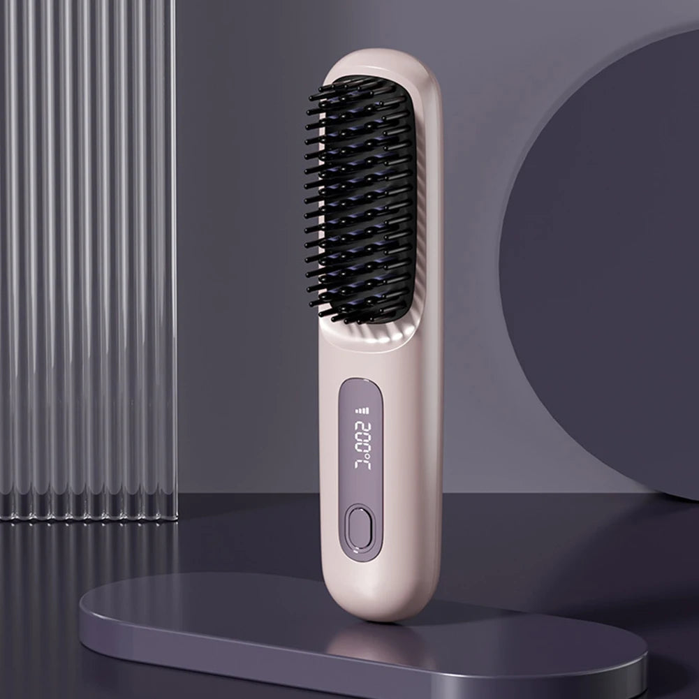 Cordless USB Rechargeable Hair Straightener Brush - Negative Ion Hot Styling & Detangling Comb for Fluffy Curls