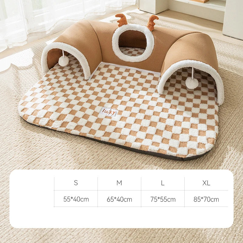 Cozy Reindeer Plush Cat Bed & Tunnel - Perfect Indoor Play & Sleep Nest for Your Feline Friend!