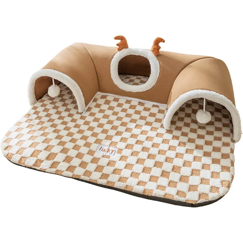 Cozy Reindeer Plush Cat Bed & Tunnel - Perfect Indoor Play & Sleep Nest for Your Feline Friend!