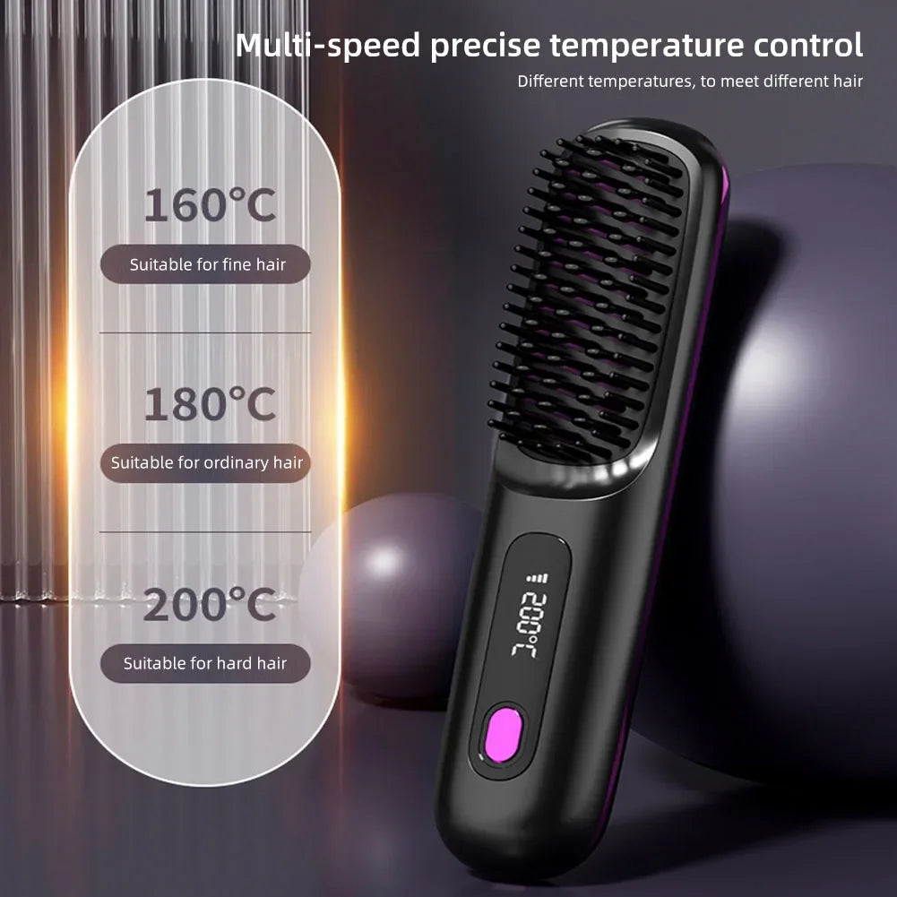 Cordless USB Rechargeable Hair Straightener Brush - Negative Ion Hot Styling & Detangling Comb for Fluffy Curls