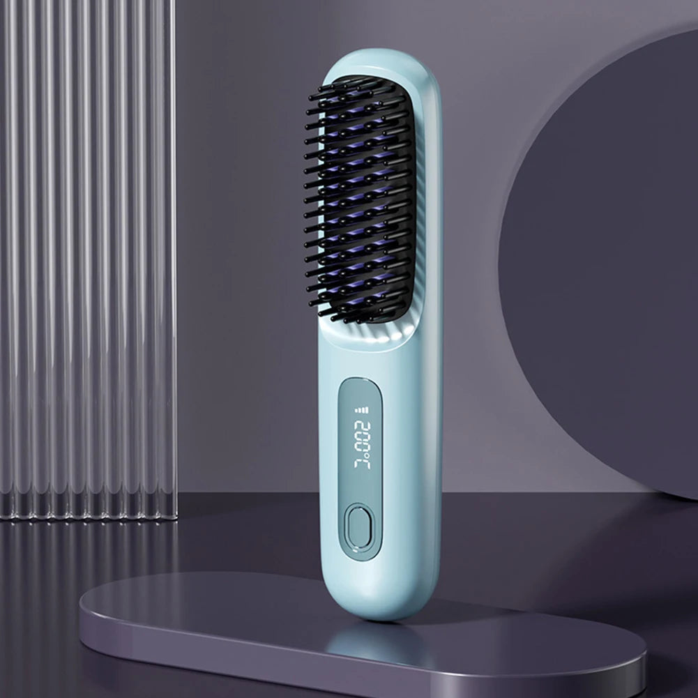 Cordless USB Rechargeable Hair Straightener Brush - Negative Ion Hot Styling & Detangling Comb for Fluffy Curls