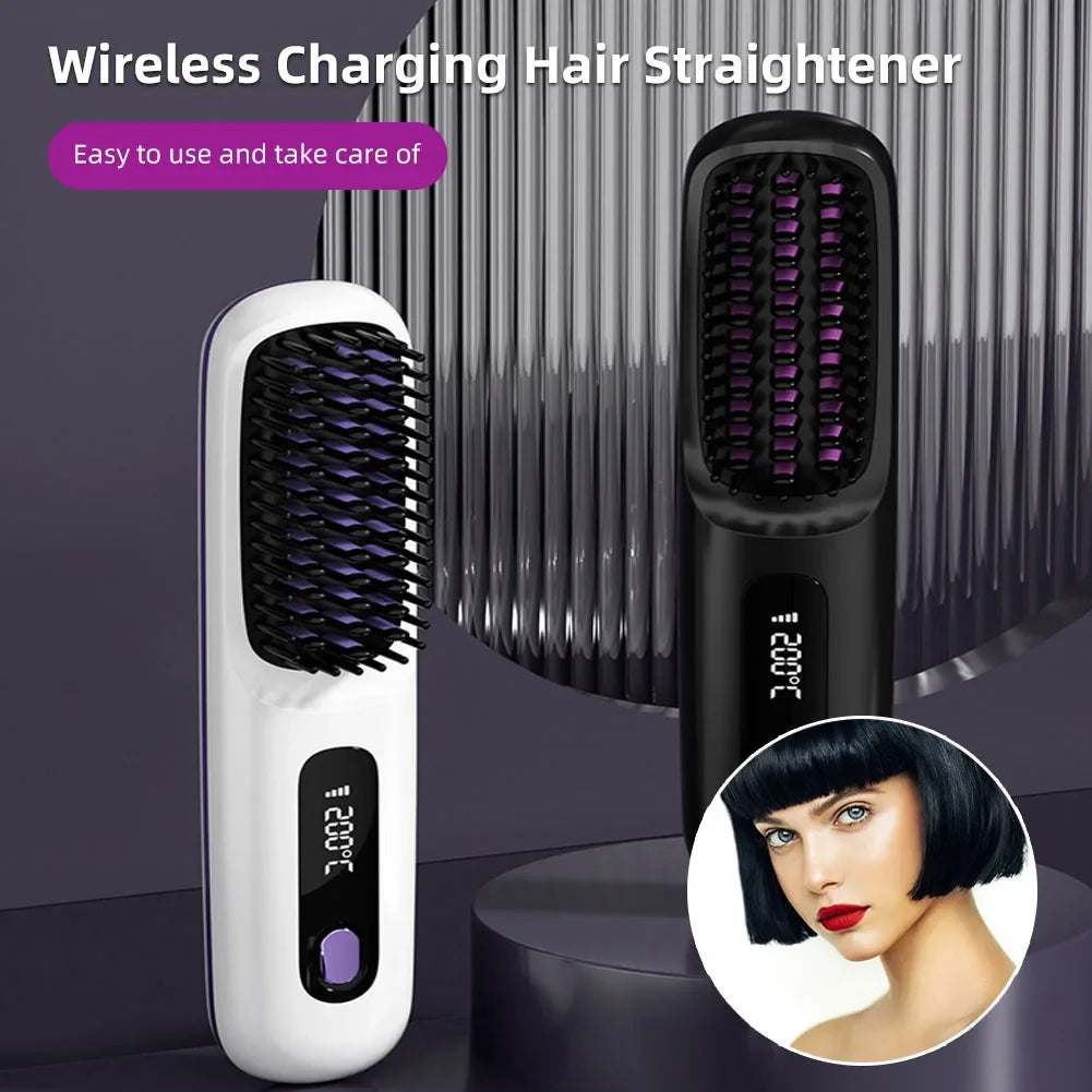 Cordless USB Rechargeable Hair Straightener Brush - Negative Ion Hot Styling & Detangling Comb for Fluffy Curls