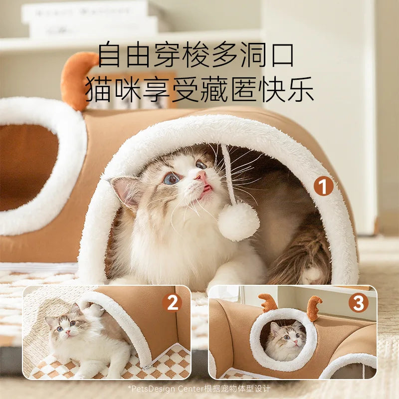 Cozy Reindeer Plush Cat Bed & Tunnel - Perfect Indoor Play & Sleep Nest for Your Feline Friend!
