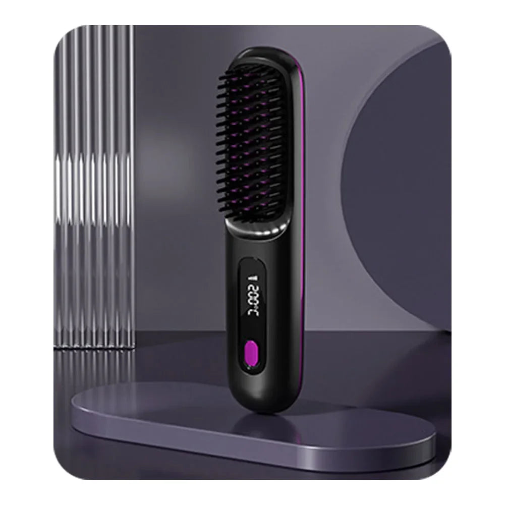 Cordless USB Rechargeable Hair Straightener Brush - Negative Ion Hot Styling & Detangling Comb for Fluffy Curls