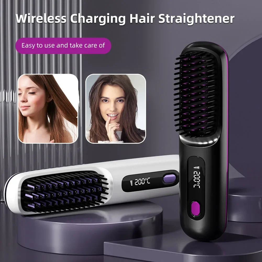 Cordless USB Rechargeable Hair Straightener Brush - Negative Ion Hot Styling & Detangling Comb for Fluffy Curls
